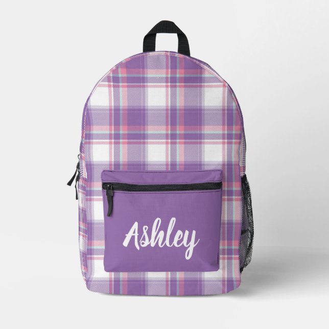 Personalized Purple and White Plaid  Printed Backpack (Front)