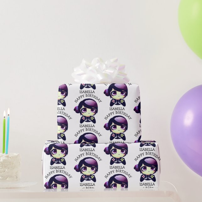 Personalized Purple Anime Gamer Girl Birthday Wrapping Paper (Party Gifts)