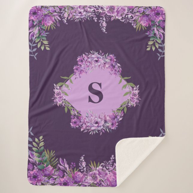 Personalized Purple Aubergine Floral  Sherpa Blanket (Front)