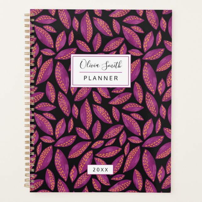 Personalized Purple Autumn Fall Leaves Pattern Planner (Front)