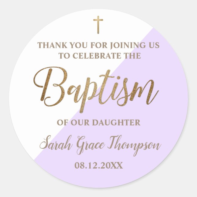 Personalized Purple Baby girl baptism thank you Classic Round Sticker (Front)