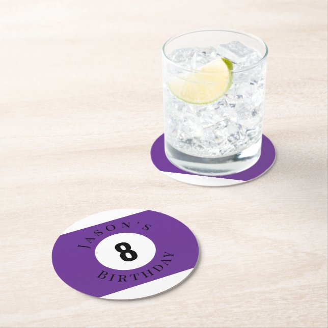 Personalized Purple Billiard Pool Ball Birthday Round Paper Coaster (Insitu)