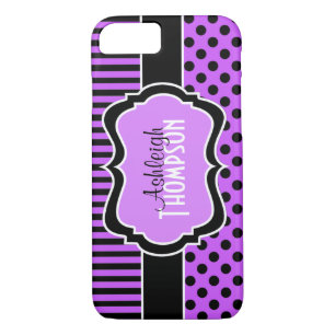 Personalized Purple, Black Striped Polka Dots iPhone 8/7 Case