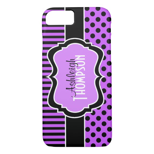 Personalized Purple, Black Striped Polka Dots Case-Mate iPhone Case (Back)