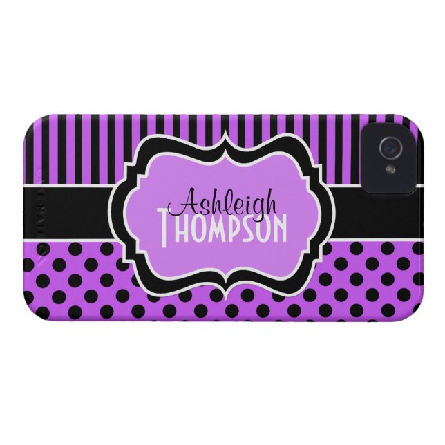 Personalized Purple, Black Striped Polka Dots Case-Mate iPhone Case (Back Horizontal)