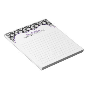 Personalized Purple, Black, White Floral Damask Notepad