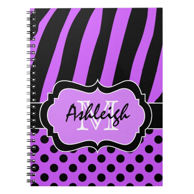 Personalized Purple Black White Striped Polka Dots Notebook (Front)