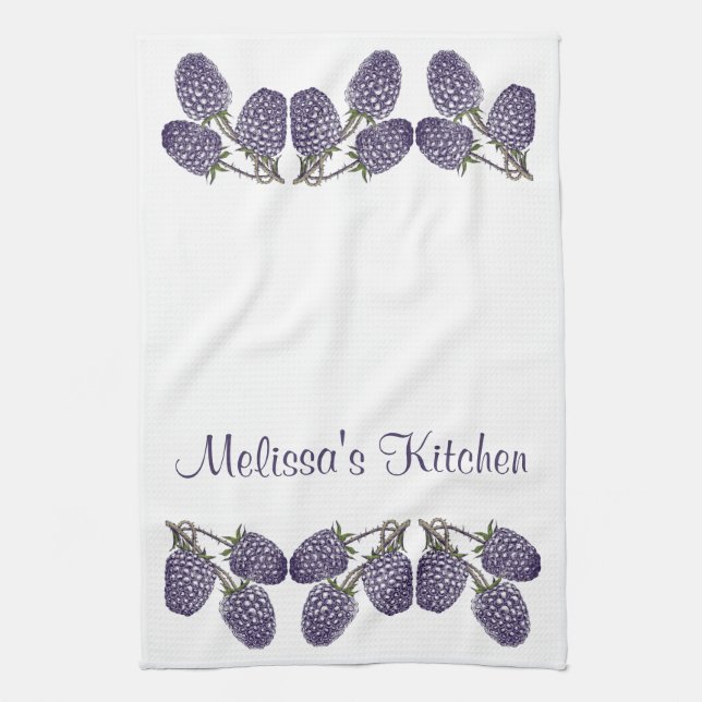 Personalized Purple Blackberries Illustration Kitchen Towel (Vertical)