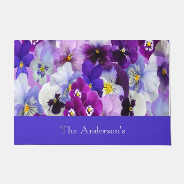 Personalized Purple Blue White Floral Pansy Flower Doormat (Front)