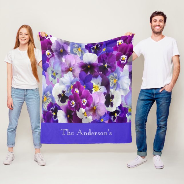 Personalized Purple Blue White Floral Pansy Flower Fleece Blanket (In Situ)