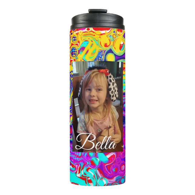 Personalized Purple, Blue, Yellow Photo Thermal Tumbler (Front)