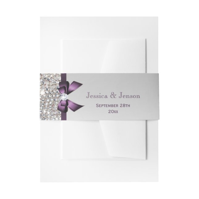 Personalized Purple Bow and Diamonds Wedding Invitation Belly Band (Front Example)