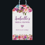Personalized Purple Bridal Shower FavorTags Gift Tags<br><div class="desc">Beautiful way to thank guests for attending your bridal shower. The brides name is written in a pretty, trendy and flowing purple script. Bridal shower is written in all capitals traditional purple lettering. A pretty purple heart accents the sentiments and is followed by thank you for coming. All of the...</div>