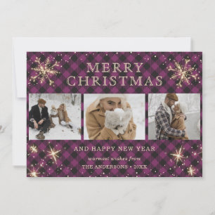 Personalized Purple Buffalo Plaid 3 Photo Holiday Card