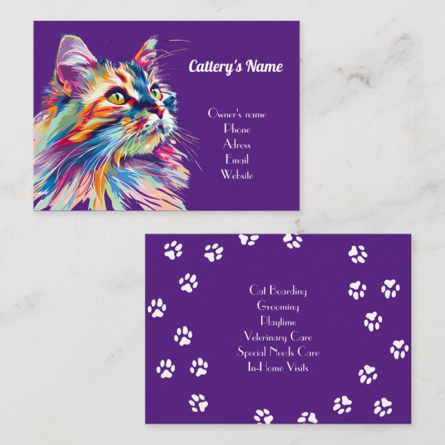 Personalized Purple Business Card For Cattery (Front/Back)