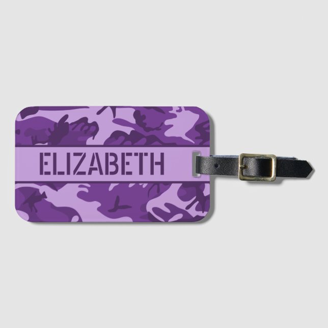 Personalized Purple Camo Luggage Tag (Front Horizontal)