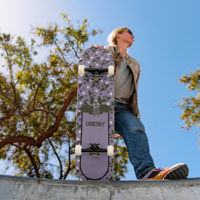Personalized Purple, Charcoal Grey Cartoon Bat Skateboard (Outdoor 1)