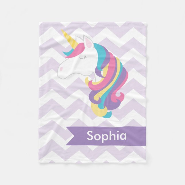 Personalized Purple Chevron Unicorn Fleece Blanket (Front)