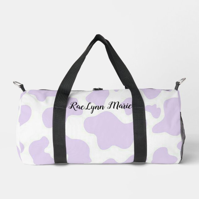 Personalized Purple Cow Print Duffle Bag (Front)