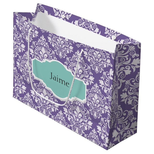 Personalized Purple Damask Gift Bag (Front Angled)