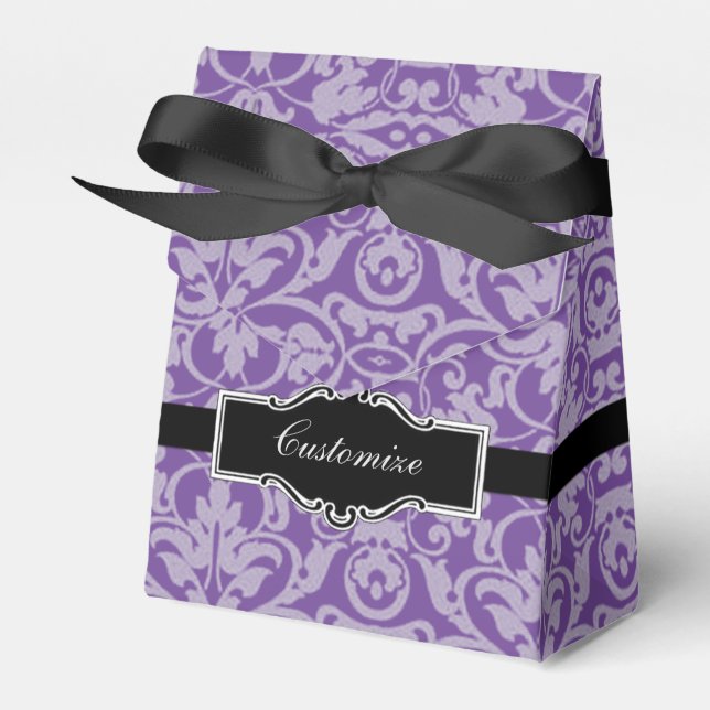 Personalized Purple Damask Pattern Tent Favour Box (Front Side)
