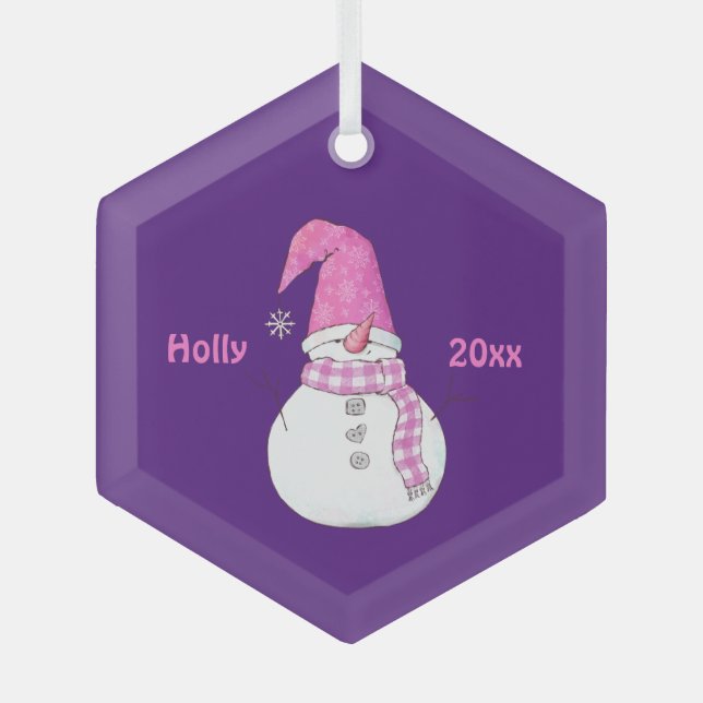 Personalized Purple Decorated Snowman Name Year  Glass Ornament (Front)