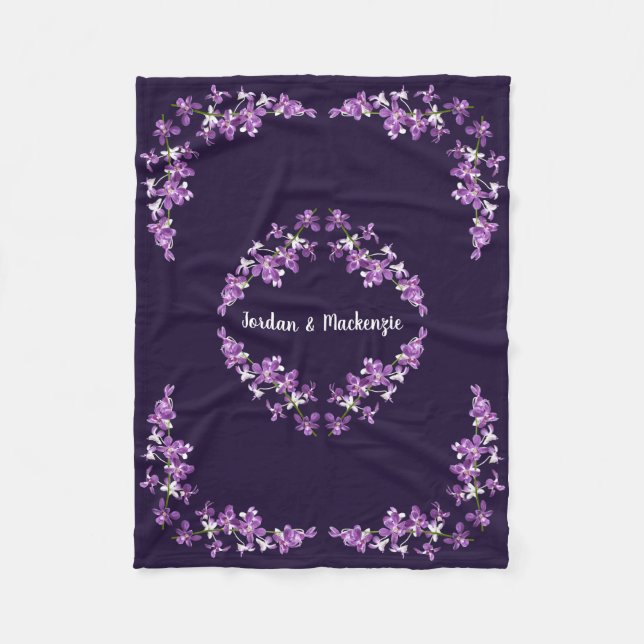 Personalized Purple Dendrobium Orchids Motif Fleece Blanket (Front)