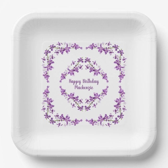 Personalized Purple Dendrobium Orchids Motif Paper Plate (Front)