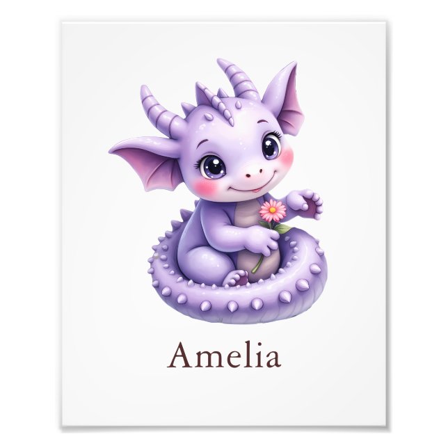 Personalized Purple Dragon Whimsical Nursery Art Photo Print (Front)