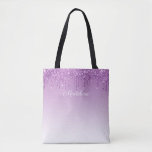Personalized Purple Dripping Glitter Tote Bag