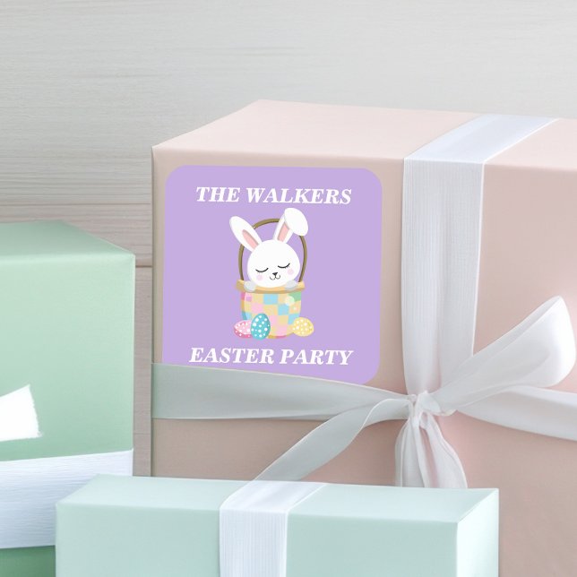Personalized Purple Easter Bunny Party Square Sticker (Creator Uploaded)