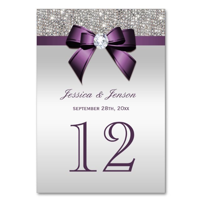 Personalized Purple Faux Bow Silver Sequins Table Number (Front)