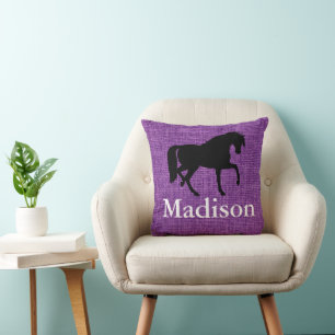 Personalized Purple Faux Burlap Horse Silhouette Throw Pillow