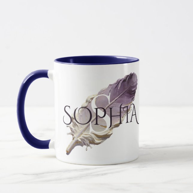 Personalized Purple Feather Custom Name Monogram Mug (Left)