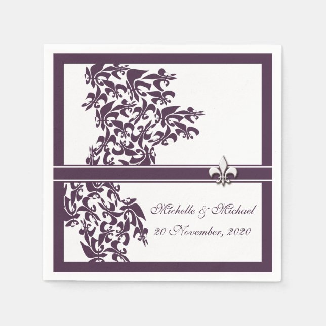 Personalized Purple Fleur de Lis Damask Style Napkin (Front)
