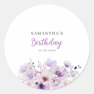 Personalized Purple Floral Birthday  Classic Round Sticker