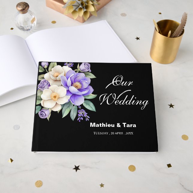 Personalized Purple Floral Bouquet Wedding Guest Book (Front Open)