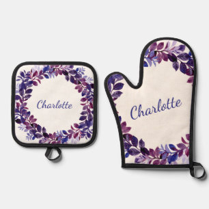 Personalized Purple Floral Bridal Party Favour Oven Mitt & Pot Holder Set