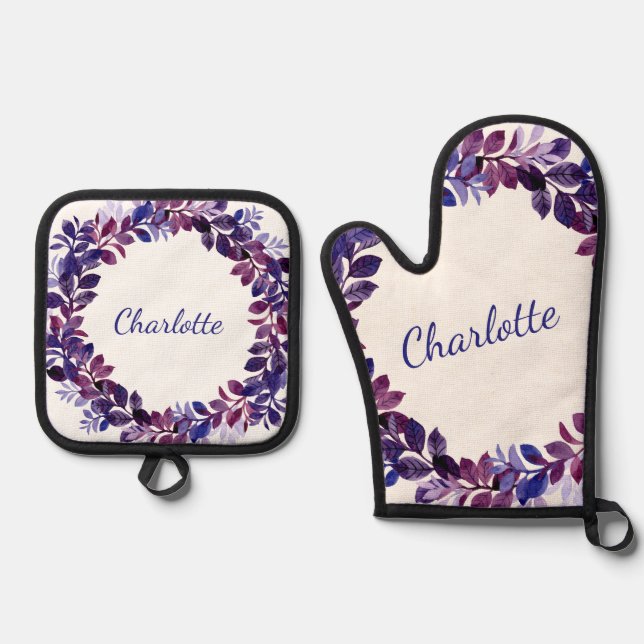 Personalized Purple Floral Bridal Party Favour Oven Mitt & Pot Holder Set (Front)