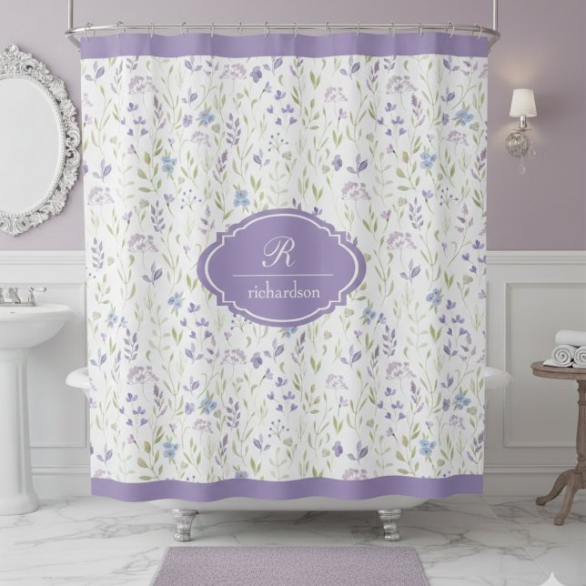 Personalized Purple Floral Monogram (elegant classic personalized purple wildflower lavender garden shower curtain with custom monogram)
