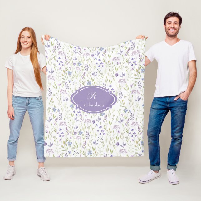 Personalized Purple Floral Monogram Fleece Blanket (In Situ)