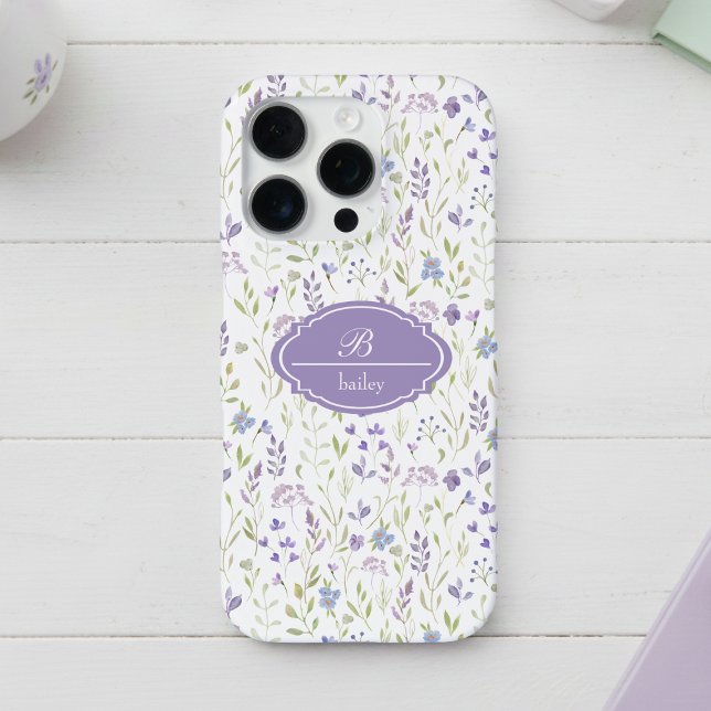 Personalized Purple Floral Monogram iPhone Case (pretty cottagecore lavender purple floral pattern iphone case with monogram in script calligraphy)