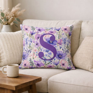 Personalized Purple Floral Monogram Throw Pillow