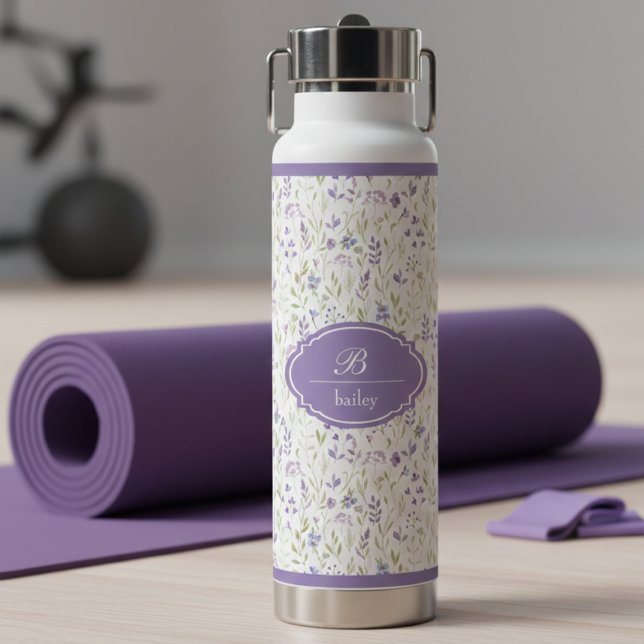 Personalized Purple Floral Monogram Water Bottle (lavender purple wildflower floral water bottle with custom monogram initial and name)