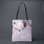 Personalized purple floral mother of the bride tote bag<br><div class="desc">Watercolor botanical floral and greenery in soft blush,  peach and purple,  with customizable "mother of the bride" script and custom name on the back,  elegant and romantic,   great personalized gifts for mother of the bride.</div>