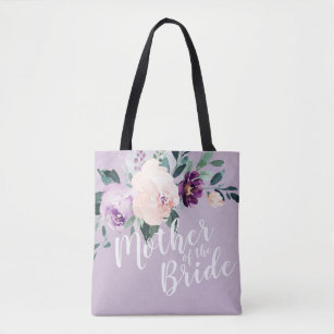 Personalized purple floral mother of the bride tote bag