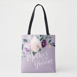 Personalized purple floral mother of the groom tote bag