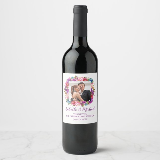 Personalized Purple Floral Photo Wedding Wine Label (Front)