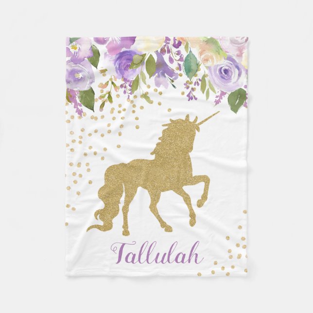 Personalized Purple Floral Unicorn Fleece Blanket (Front)