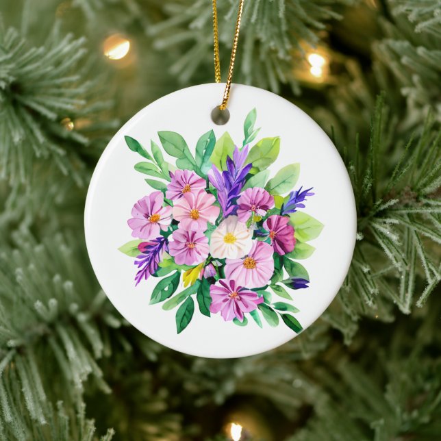 Personalized Purple Flowers Christmas Ceramic Ornament (Tree)